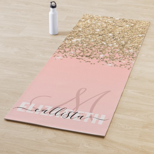 Girly Chic Gold Confetti Pink Gradient Monogram Yogamat (In situ)