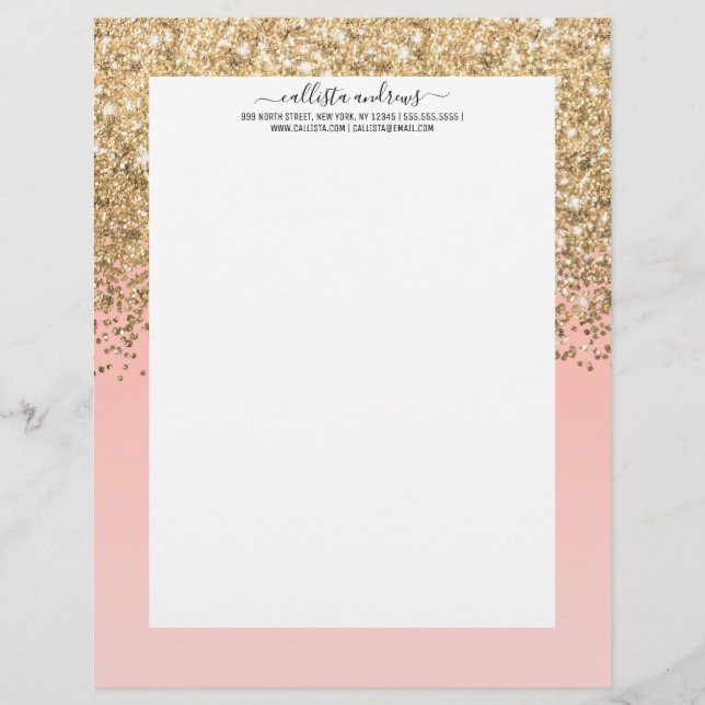Girly Chic Gold Confetti roze gradiënt ombre Briefhoofd (Voorkant)