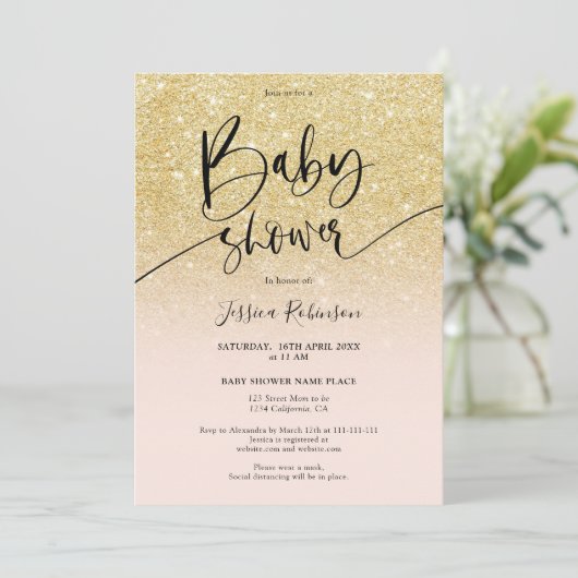 Girly chic goud glitter ombre roze baby shower kaart (Staand voorkant)