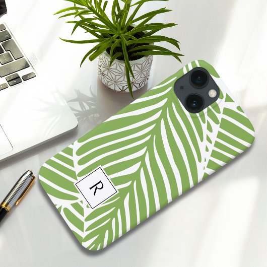 Girly Chic Green Leaves Monogram Case-Mate iPhone Case