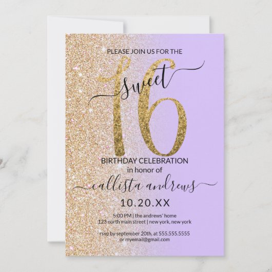 Girly Chic Lavendel Goud Glitter Ombre Sweet 16 Kaart (Voorkant)