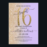 Girly Chic Lavendel Goud Glitter Ombre Sweet 16 Kaart<br><div class="desc">Deze girly en chique zoete zestien verjaardagsfeestje uitnodiging is perfect voor de speciale dag van uw jonge tienerdochter. Het beschikt over een faux gedrukte sprankelende gouden glitter groot, "16, " op de top van een eenvoudige pastel lavendel paarse en faux gouden glitter zijwaarts gradient ombre achtergrond. Het is eenvoudig, uniek,...</div>