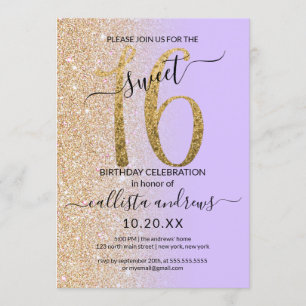 Girly Chic Lavendel Goud Glitter Ombre Sweet 16 Kaart