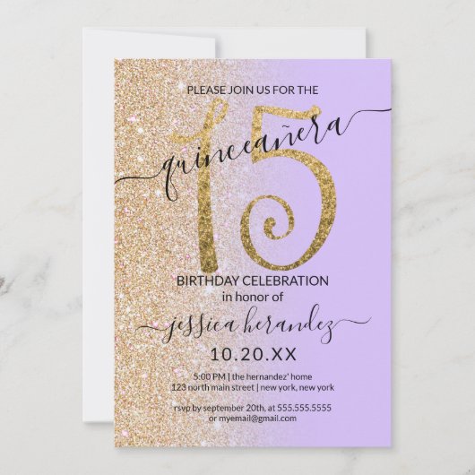 Girly Chic Lavendel Gouden Glitter Ombre Quinceañe Kaart (Voorkant)