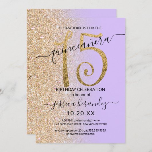 Girly Chic Lavendel Gouden Glitter Ombre Quinceañe Kaart (Voorkant / Achterkant)