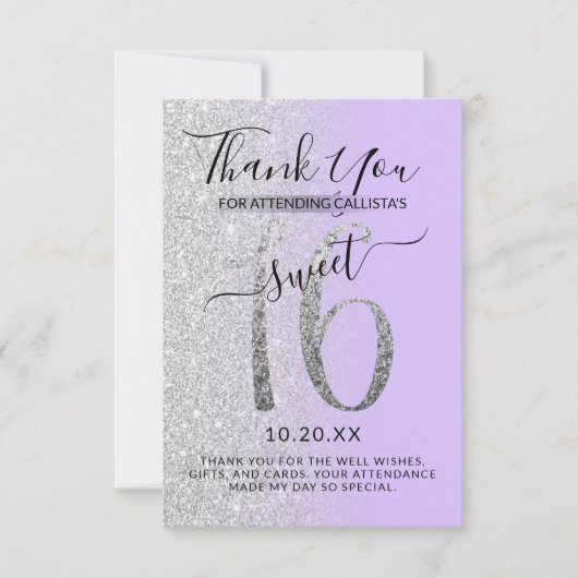 Girly Chic Lavender Silver Glitter Ombre Sweet 16 Bedankkaart (Voorkant)