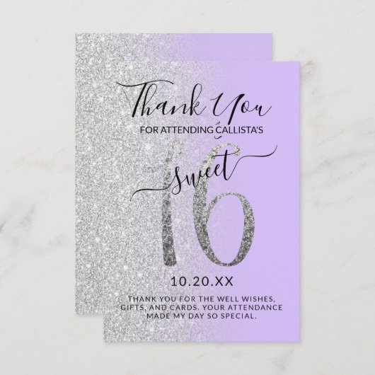 Girly Chic Lavender Silver Glitter Ombre Sweet 16 Bedankkaart (Voorkant / Achterkant)