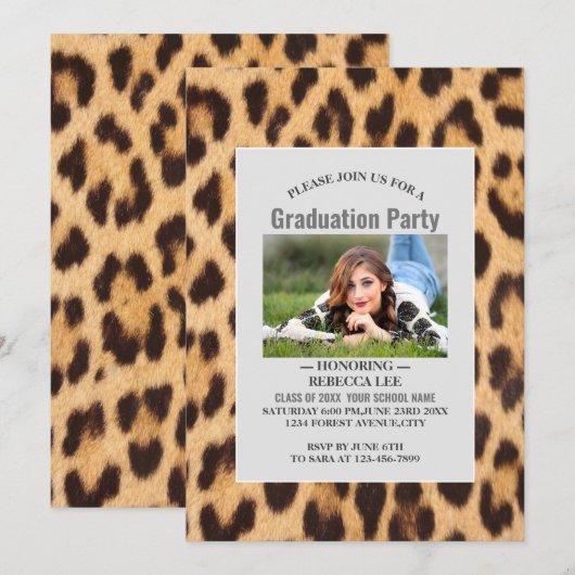 Girly Chic Leopard Print Afstudeerfeest Kaart (Voorkant / Achterkant)