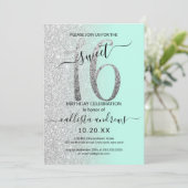 Girly Chic Mint Silver Glitter Ombre Sweet 16 Kaart (Staand voorkant)