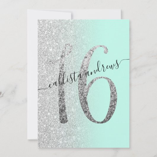 Girly Chic Mint Silver Glitter Ombre Sweet 16 Kaart (Achterkant)