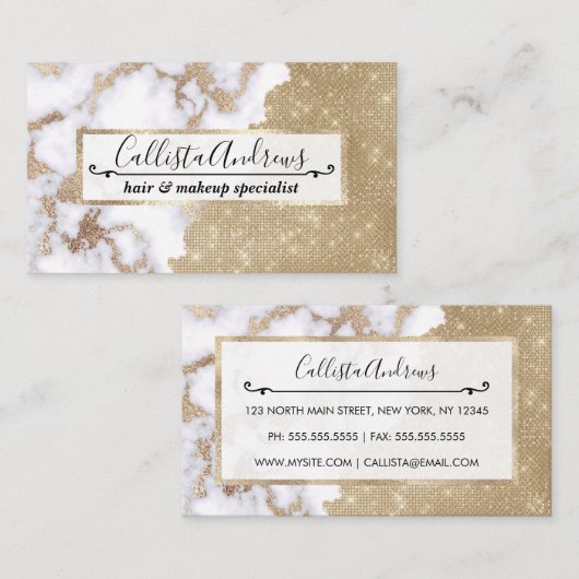 Girly Chic Modern Glam Gold Glitter Marmeren Patro Visitekaartje (Voorkant / Achterkant)