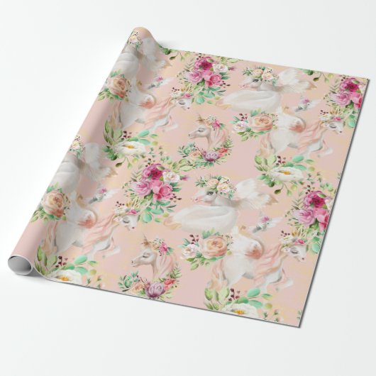 Girly Chic Modern Waterverf Floral Unicorn Cadeaupapier (Uitgerold)