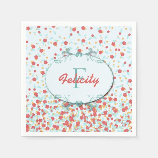 Girly Chic Monogram Koraal en Blauwgroen Bloemenpa Servetten (Voorkant)