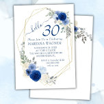 Girly Chic Navy Blue Floral 30th Birthday Kaart<br><div class="desc">Girly chic navy blue floral 30th verjaart uitnodigingen met gouden lijst voor haar in  blauwe bloemen.</div>