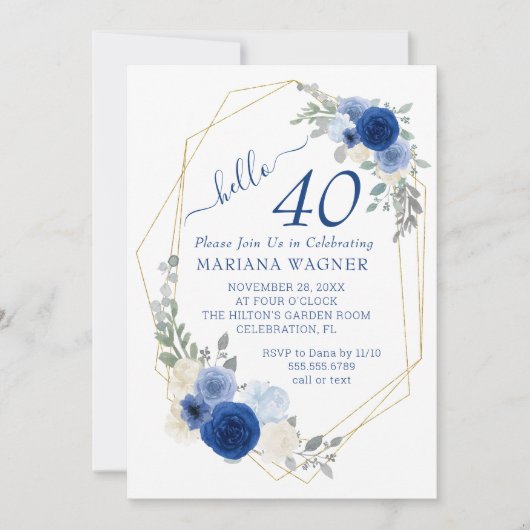 Girly Chic Navy Blue Floral 40th Birthday Kaart (Voorkant)