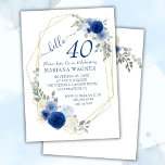 Girly Chic Navy Blue Floral 40th Birthday Kaart<br><div class="desc">Girly chic navy blue floral 40th verjaart uitnodigingen met gouden lijst voor haar in  blauwe bloemen.</div>