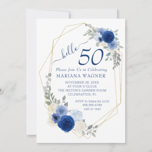 Girly Chic Navy Blue Floral 50th Birthday Kaart (Voorkant)