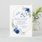 Girly Chic Navy Blue Floral 50th Birthday Kaart (Staand voorkant)