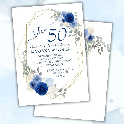 Girly Chic Navy Blue Floral 50th Birthday Kaart