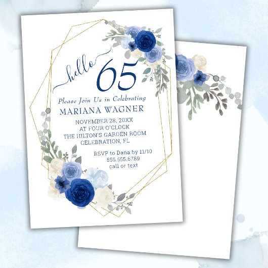 Girly Chic Navy Blue Floral 65th Birthday Kaart