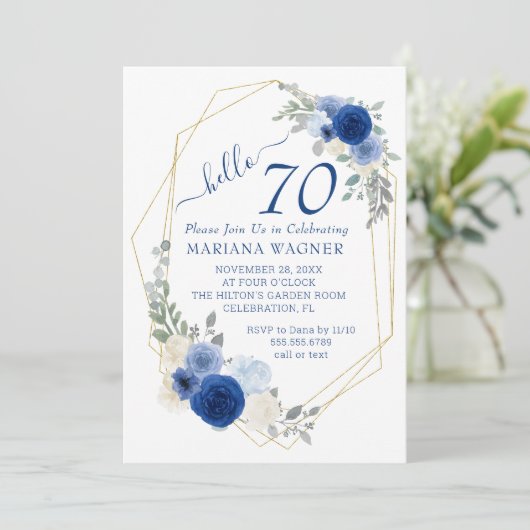 Girly Chic Navy Blue Floral 70th Birthday Kaart (Staand voorkant)