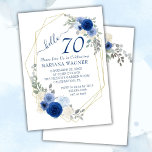 Girly Chic Navy Blue Floral 70th Birthday Kaart<br><div class="desc">Girly chic navy blue floral 70th verjaart uitnodigingen met gouden lijst voor haar in  blauwe bloemen.</div>