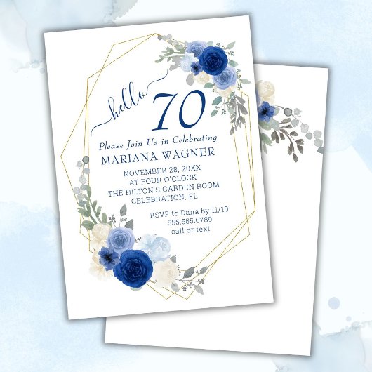 Girly Chic Navy Blue Floral 70th Birthday Kaart