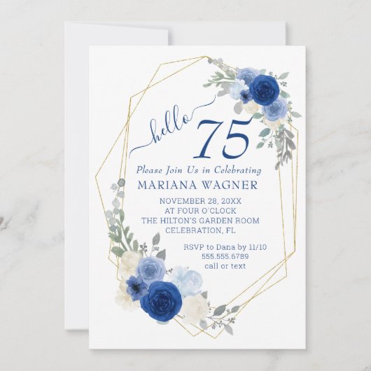Girly Chic Navy Blue Floral 75th Birthday Kaart (Voorkant)
