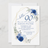 Girly Chic Navy Blue Floral 90th Birthday Kaart (Voorkant)