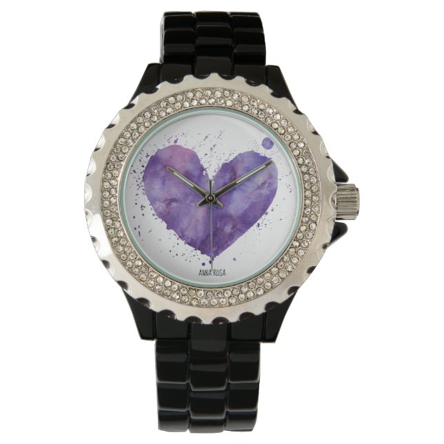 *~* Girly Chic Paarse Waterverf Splatter Hart Horloge (Voorkant)