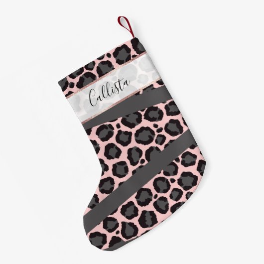 Girly Chic Pink Black Grey Leopard Cheetah Print Kleine Kerstsok (Achterkant (Hangend))