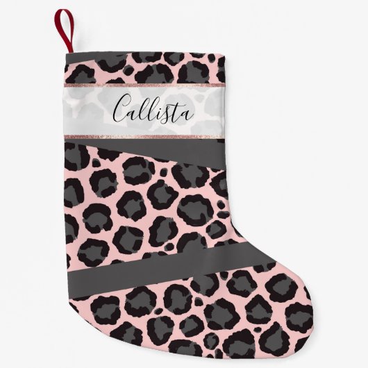 Girly Chic Pink Black Grey Leopard Cheetah Print Kleine Kerstsok (Voorkant)