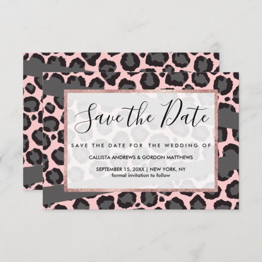 Girly Chic Pink Black Grey Leopard Cheetah Print Save The Date (Voorkant / Achterkant)