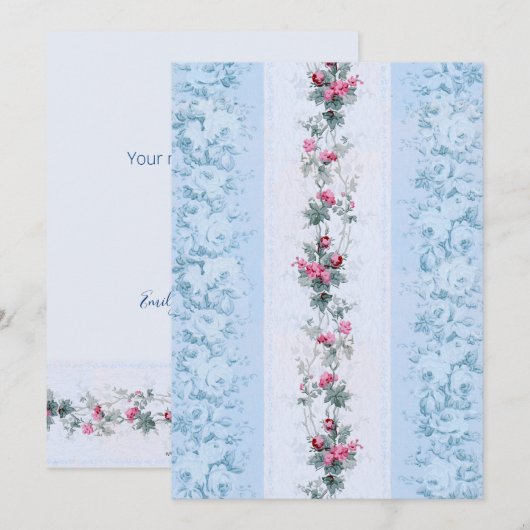 Girly Chic Pink en Blue Rozen Notitiekaartje (Voorkant / Achterkant)