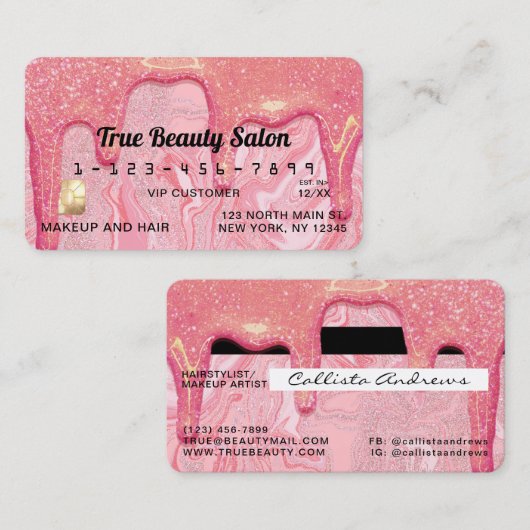 Girly Chic Pink Glitter Marble Drips Credit Visitekaartje (Voorkant / Achterkant)
