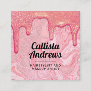 Girly Chic Pink Glitter Marble Drips Vierkante Visitekaartje
