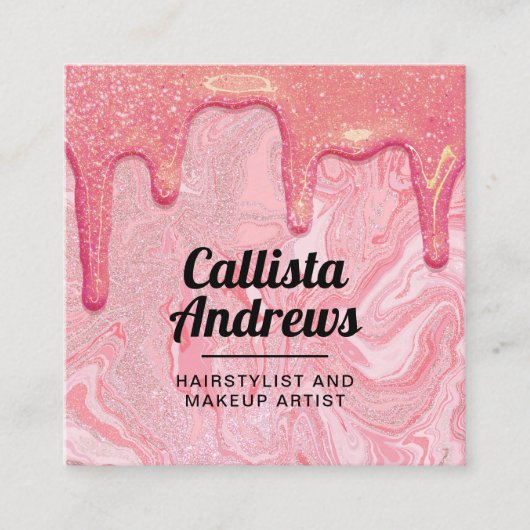 Girly Chic Pink Glitter Marble Drips Vierkante Visitekaartje (Voorkant)