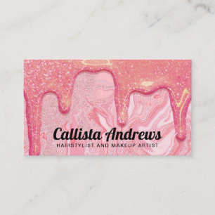 Girly Chic Pink Glitter Marble Drips Visitekaartje