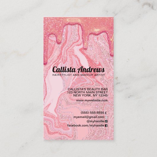 Girly Chic Pink Glitter Marble Drips Visitekaartje (Achterkant)