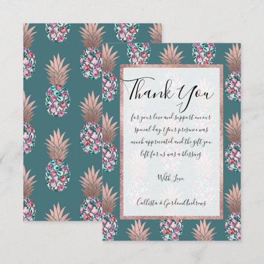 Girly Chic Roos Goud Bloemen Ananas Blauwgroen Gro Bedankkaart (Voorkant / Achterkant)