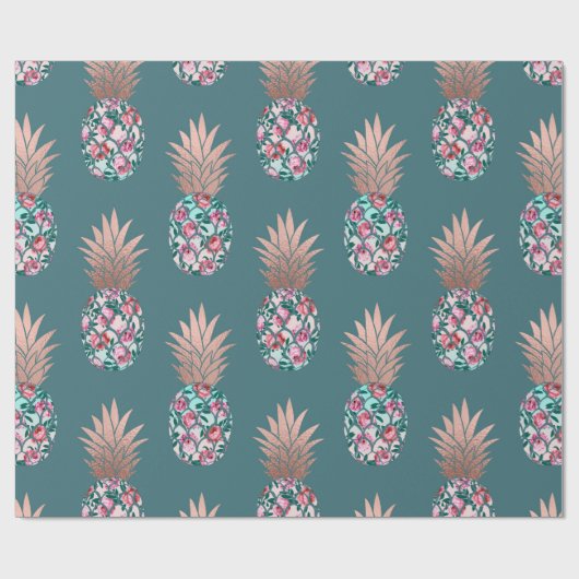 Girly Chic Roos Goud Bloemen Ananas Blauwgroen Gro Cadeaupapier (Vlak)