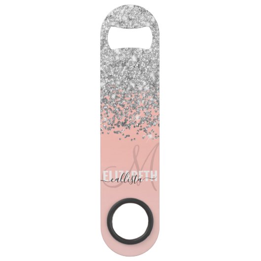 Girly Chic Silver Confetti Pink Gradient Monogram Speed Flessenopener (Voorkant)