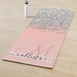 Girly Chic Silver Confetti Pink Gradient Monogram Yogamat