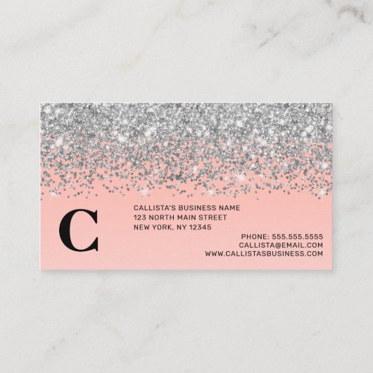 Girly Chic Silver Confetti Pink Gradient Ombre Aanbevelingskaartje (Achterkant)