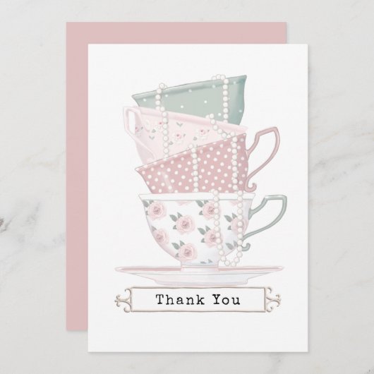 Girly Chic Teacup Stack en Parels Dankjewel Kaart (Voorkant / Achterkant)