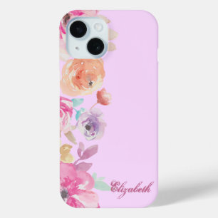 Girly Chic Waterverf Floral - Gepersonaliseerd iPhone 15 Case