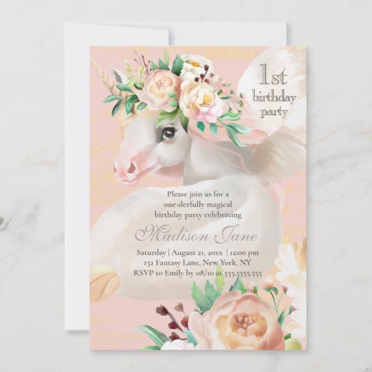 Girly Chic Waterverf Floral Unicorn 1e verjaardag Kaart (Voorkant)