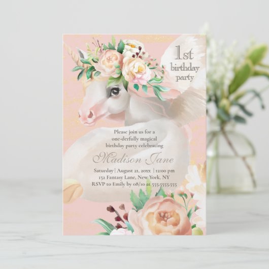 Girly Chic Waterverf Floral Unicorn 1e verjaardag Kaart (Staand voorkant)