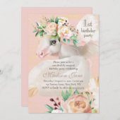 Girly Chic Waterverf Floral Unicorn 1e verjaardag Kaart (Voorkant / Achterkant)