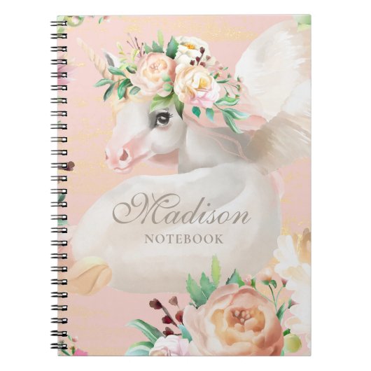 Girly Chic Waterverf Floral Unicorn gepersonalisee Notitieboek (Voorkant)